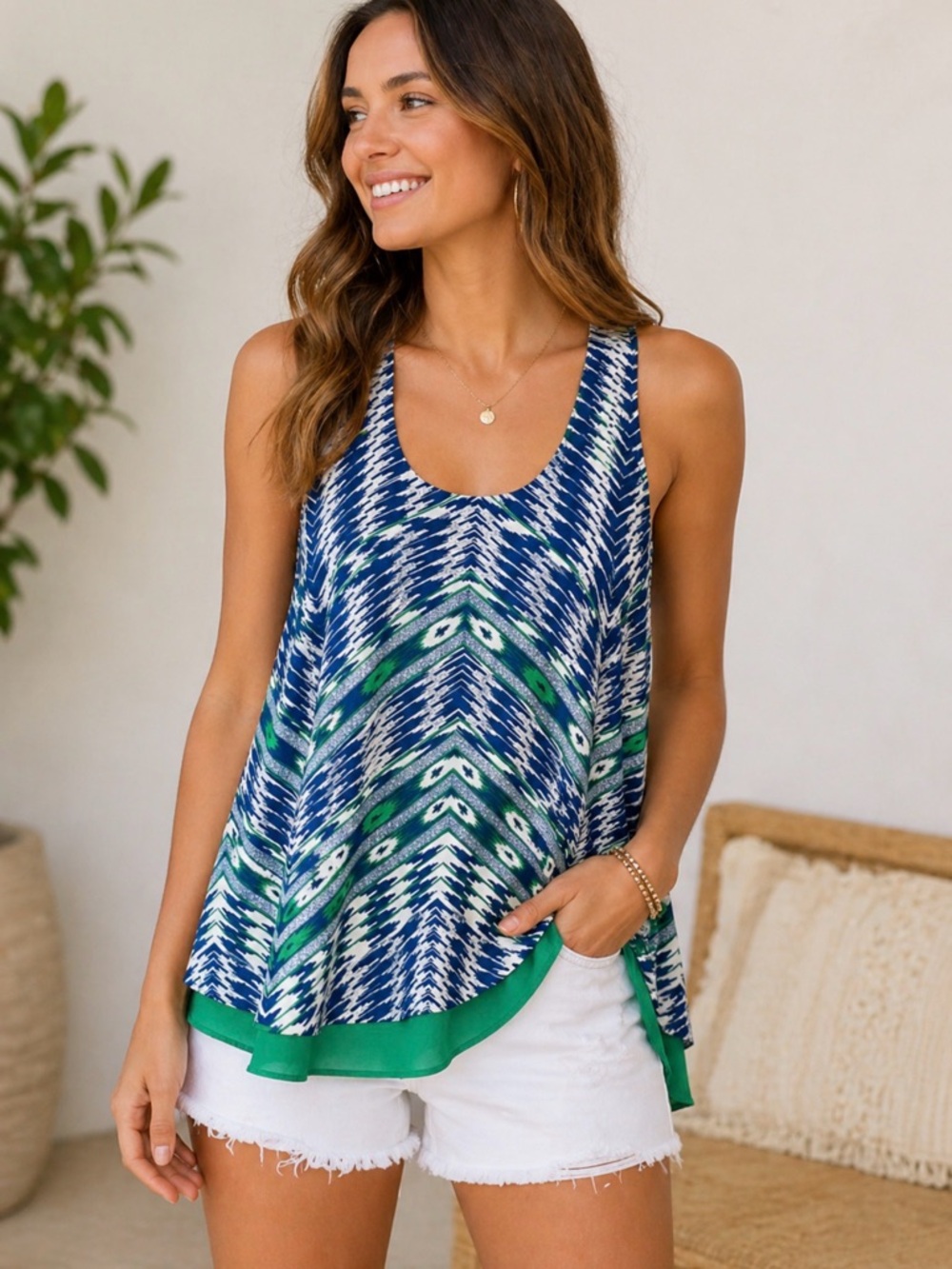 Anthropologie Maeve Blue and Green Ikat Racer Back Tank Size Small